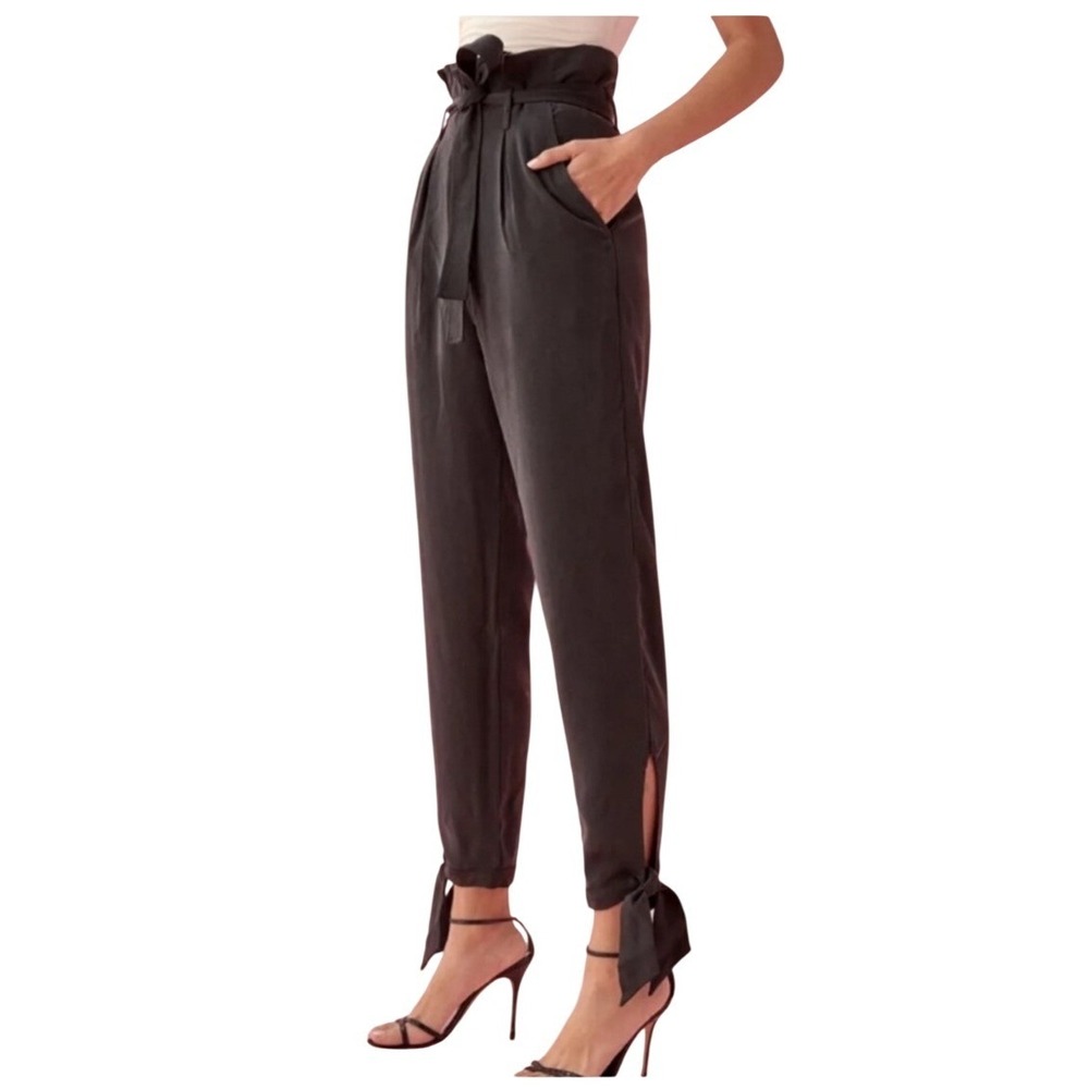 Reformation Black Tencel Paperbag Waist‎ Tie Ankle Tapered Pants Size 8